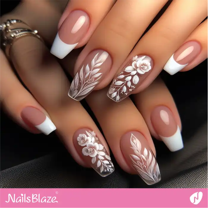 Bridal Transparent Nails with Roses and Leaves | French Manicure - NB3611